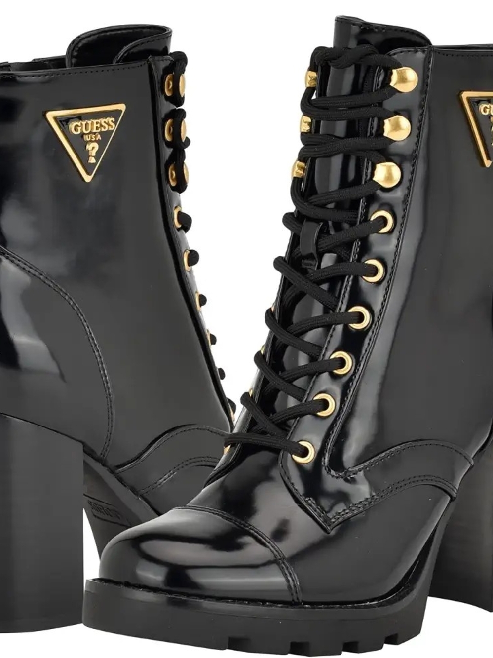 GUESS Black Lace Up Zip Gold Hardware Block Heel Combat Boots Women Size 7 M